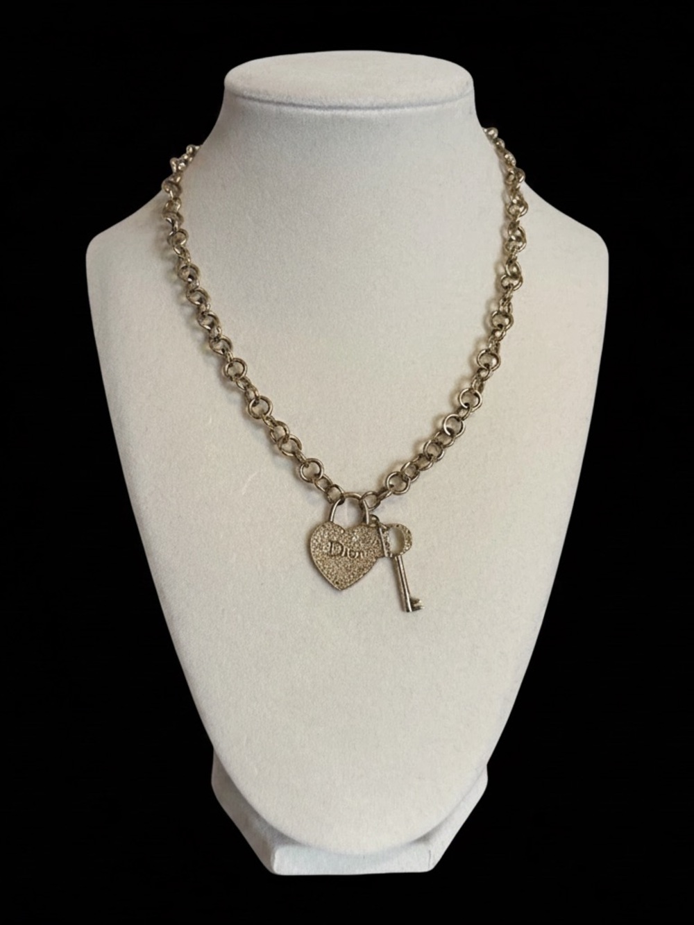 Dior Gold Heart & Key Crystal Pendant Chain Necklace